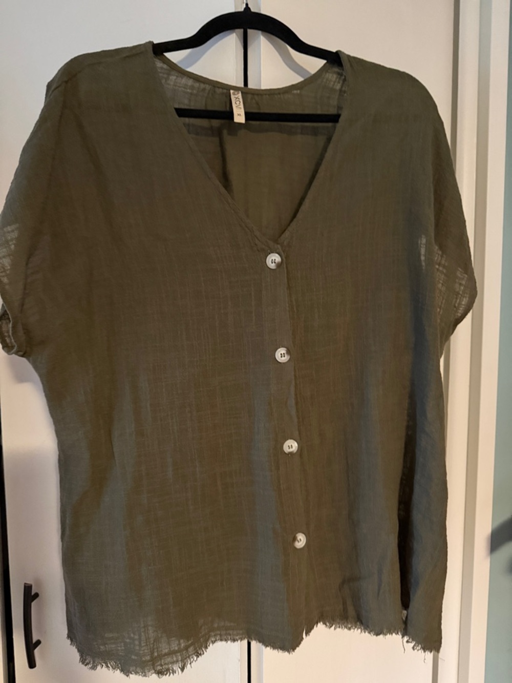XCVI Olive Green Lightweight Button Down Gauze Blouse
